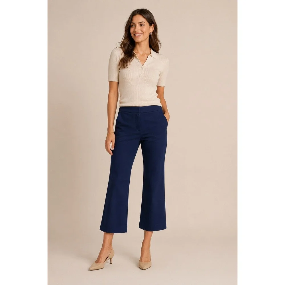 J.Crew Kelsey Pants Women 6 Navy Blue Cropped Flare Stretch Cotton Trousers